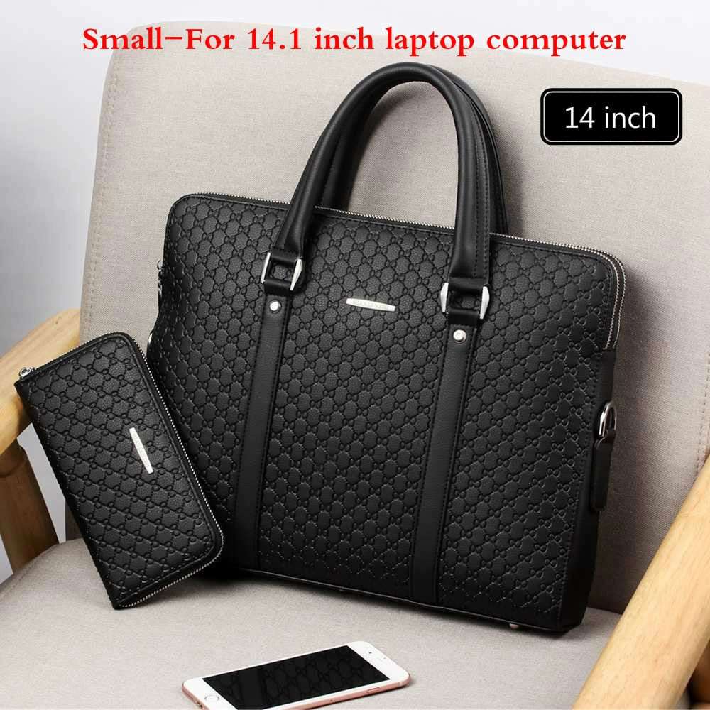 Mens Double Layers Leather Business Laptop Briefcase Bag