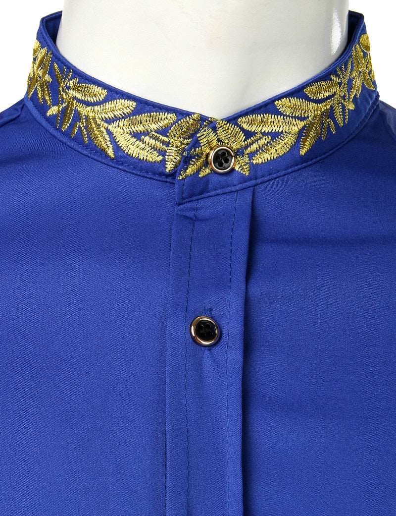 Mens Gold Embroidery Stand Collar Casual Slim Long Sleeve Shirt