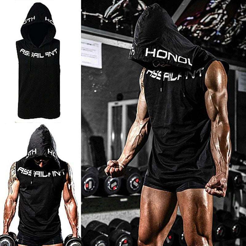 Mens Cotton Fitness Bodybuilding Hooded Tank Top