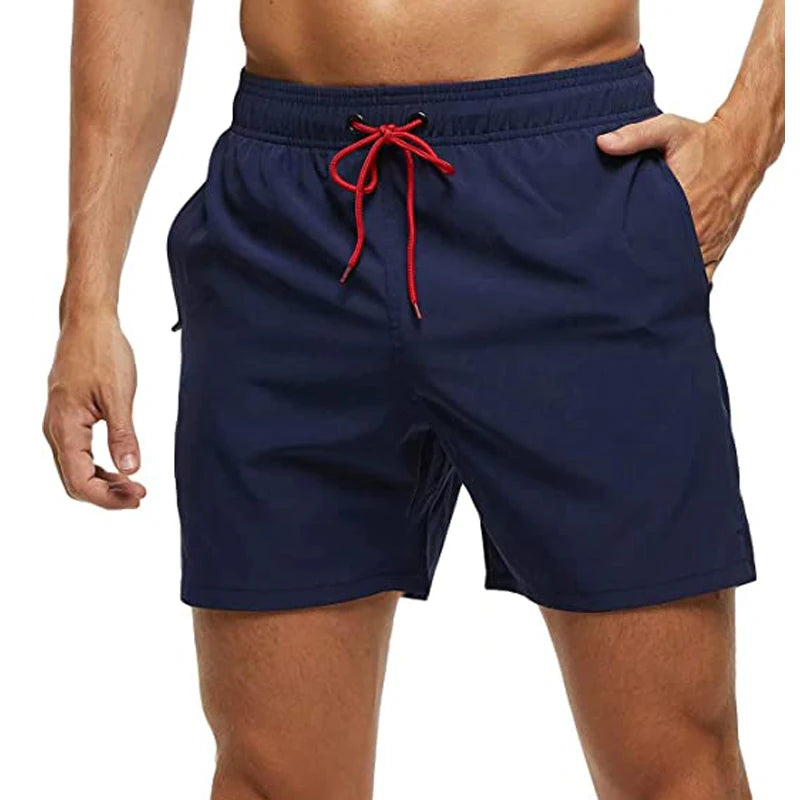 Mens Elastic Closure Quick Dry Zipper Pockets Mesh Lining Beach Shorts