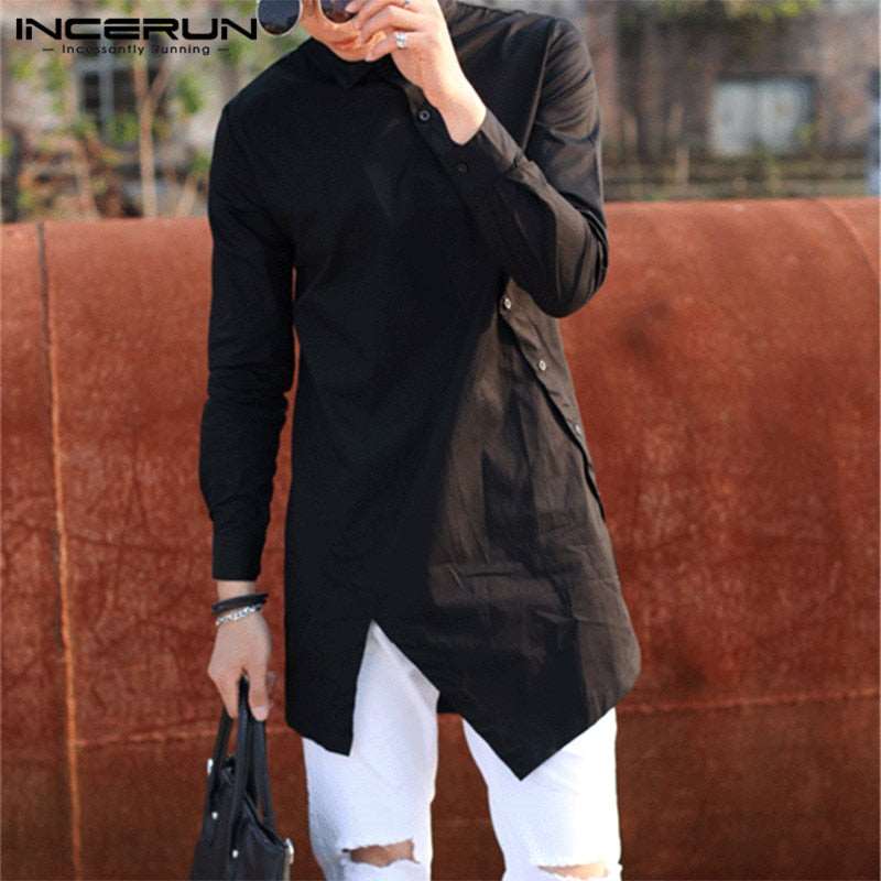 Mens Irregular Lapel Button Long Sleeve Chic Solid Color Fashion Dress Shirt