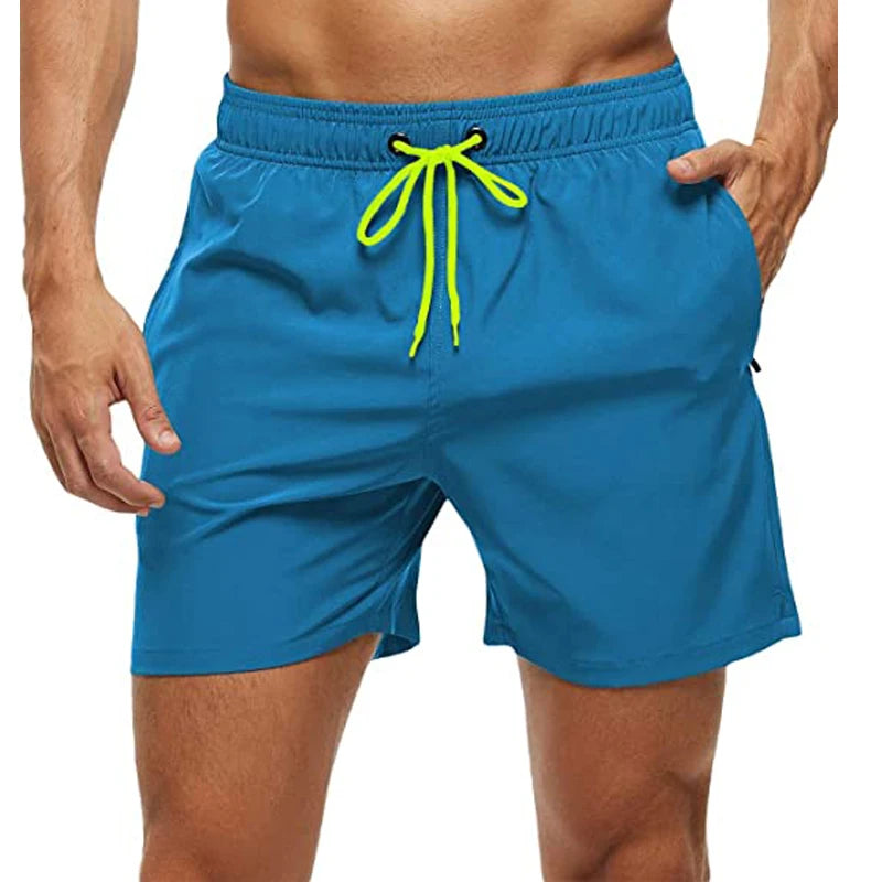 Mens Elastic Closure Quick Dry Zipper Pockets Mesh Lining Beach Shorts