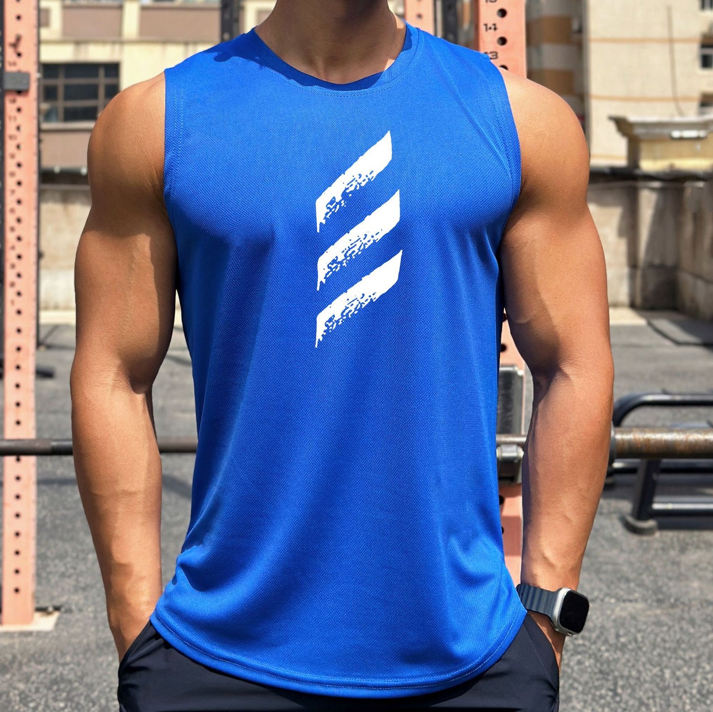 Mens Pullover Round Neck Mesh Base Sports Fitness Sleeveless Quick-Drying Vest