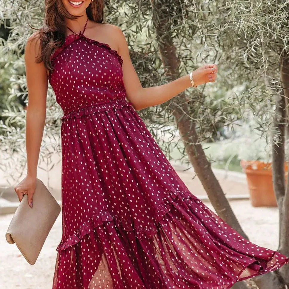 Womens Red Polka Dot Long Dress