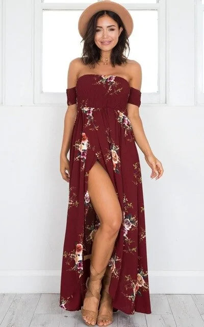 Womens Off Shoulder Sexy Split Beach Summer Dress