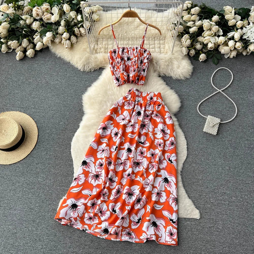 Womens Boho Floral Print Two Piece Slim Tank Top+ A Line Long Skirt Set