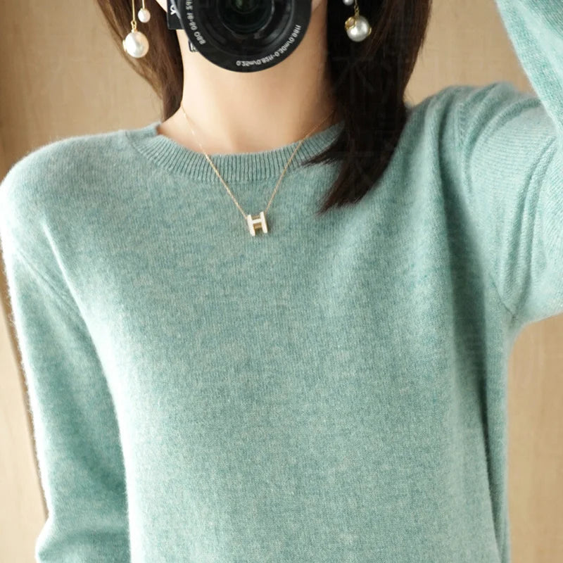 Womens Autumn Winter Casual Knitted Crew Neck Cashmere Sweater