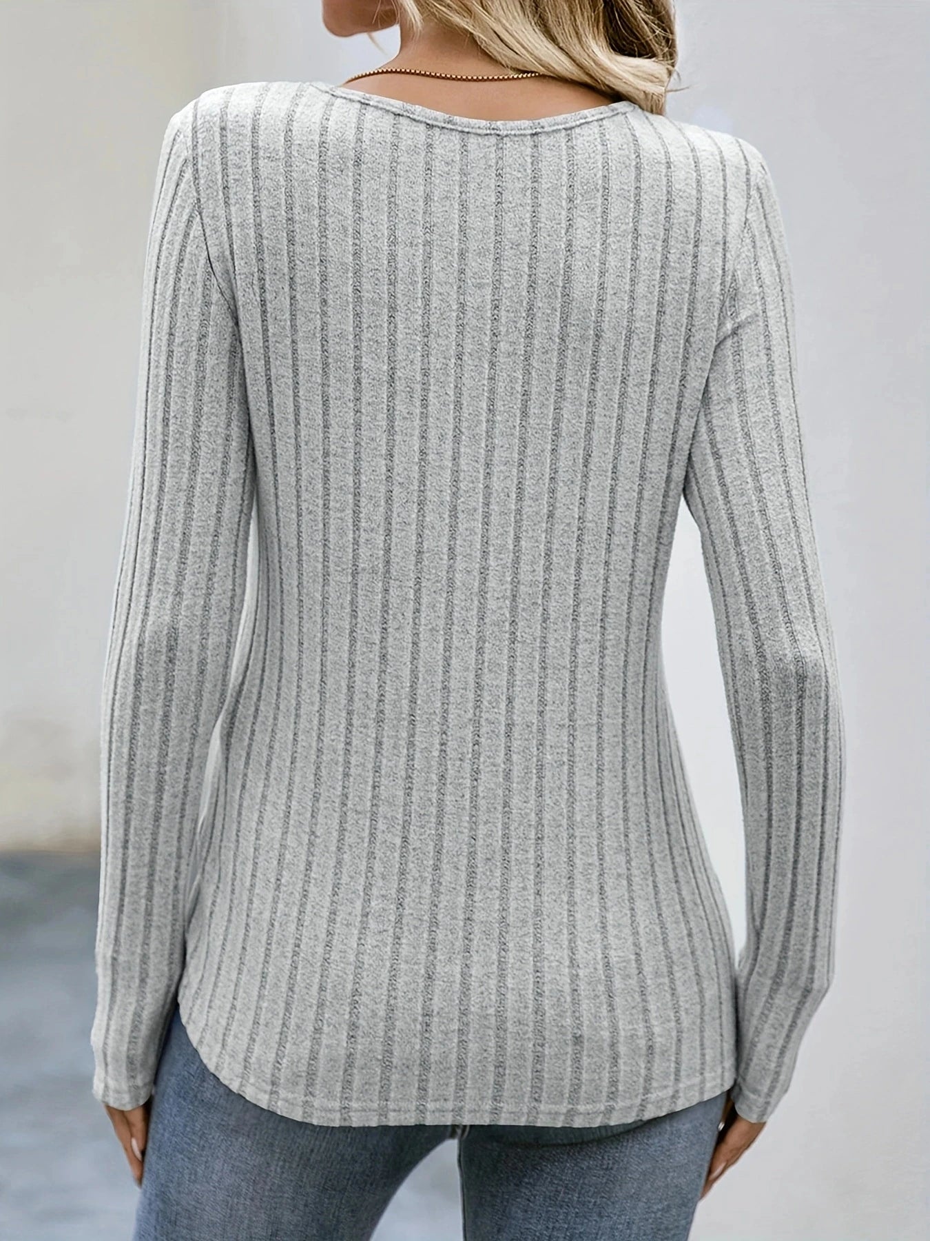 Womens Square Neck Solid Ribbed Button Decor Casual Long Sleeve Knit Top