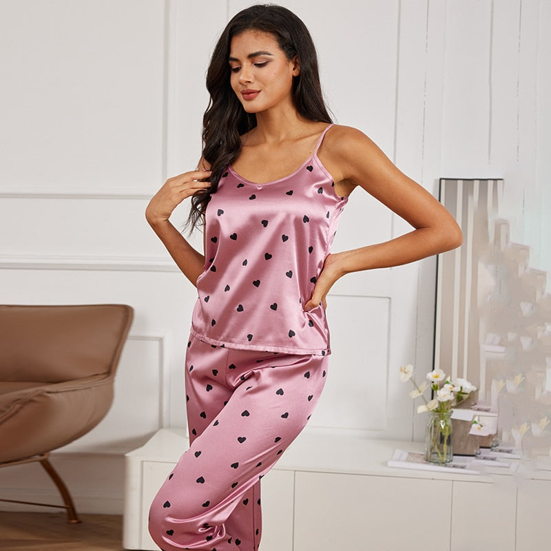 Womens Printed Silk Satin Cami Vest with Trousers Nightwear Pyjama Set