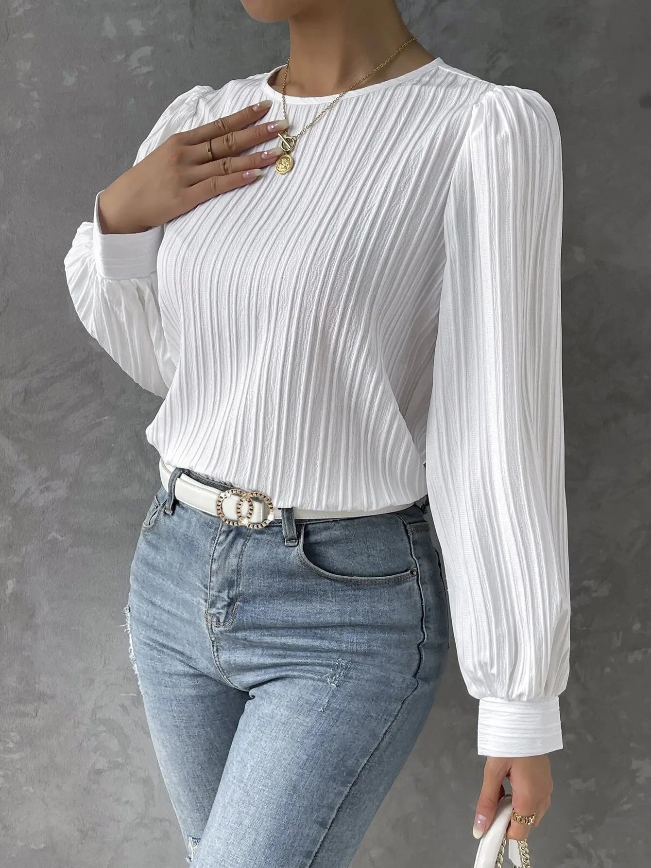 Womens Casual Solid Round Neck Long Sleeve Top