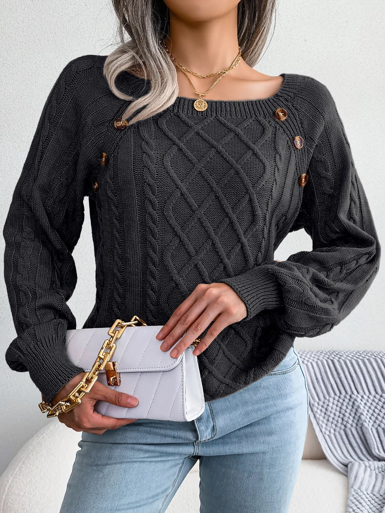 Womens Casual Square Collar Button Detail Long Sleeve Knitted Pullover