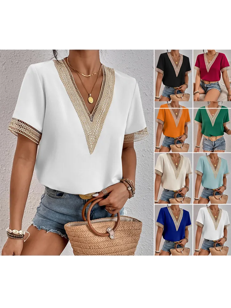 Womens Lace V-Neck Short-Sleeved Loose Fit Casual Top