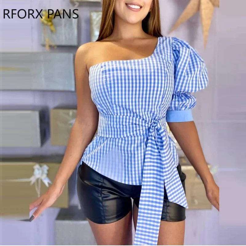 Womens Casual One Shoulder Short Puff Sleeve Sash Plaid Top