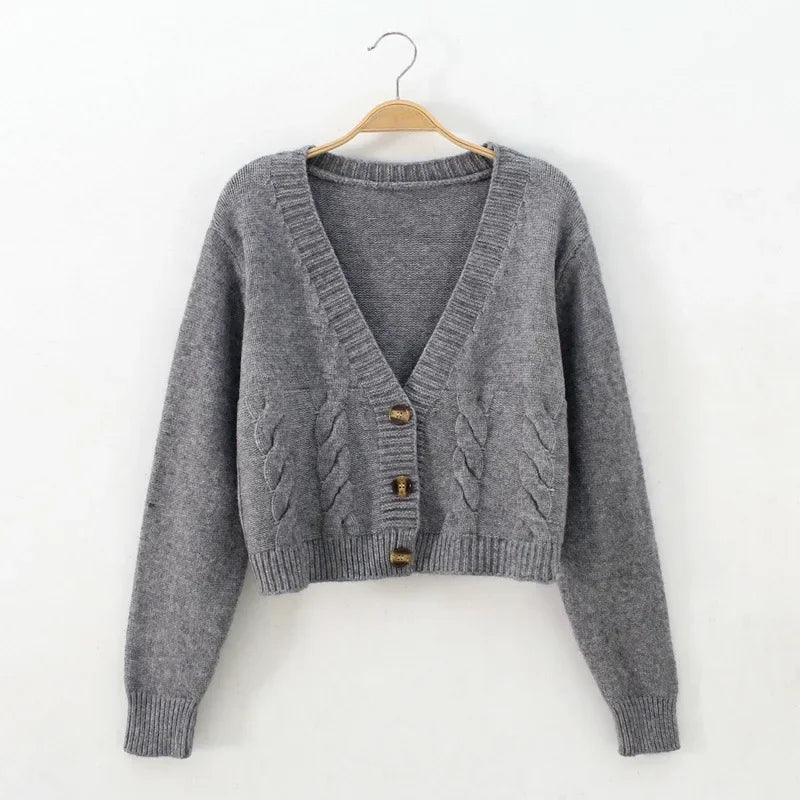 Womens V Neck Cropped Long Sleeve Twist Knitted Cardigan Sweater