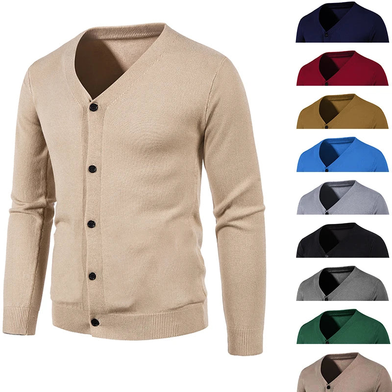 Mens Casual Thin V Neck Basic Elastic Slim Fit Solid Knitted Cardigan