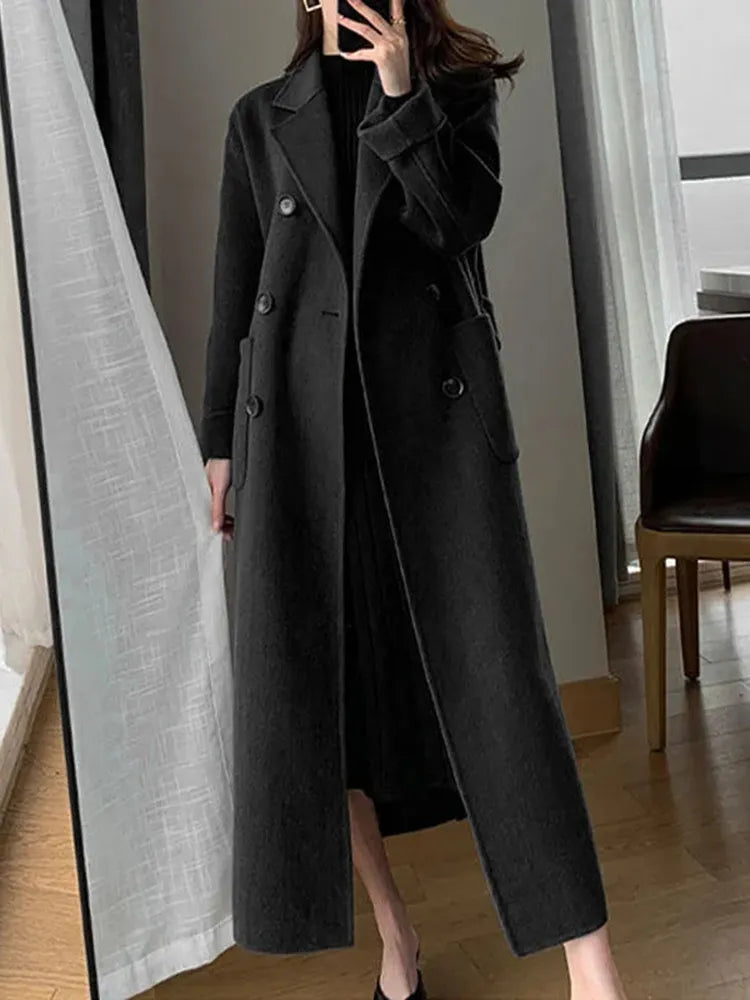 Womens Long Wool Elegant Faux Casual Belt Winter Coat