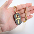 Mens Removable Ankh Cross Gold Tone Stainless Steel Cut Out Pendant Box Chain