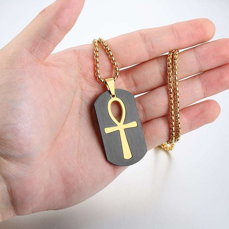 Mens Removable Ankh Cross Gold Tone Stainless Steel Cut Out Pendant Box Chain