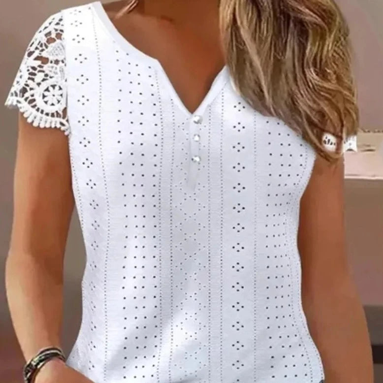 Womens Lace Patch Buttoned Casual V-Neck Short Sleeve Top