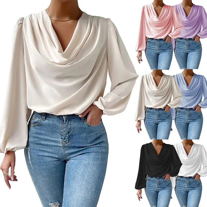 Womens Chiffon Long Sleeve Solid Colour Casual Loose Fit Top