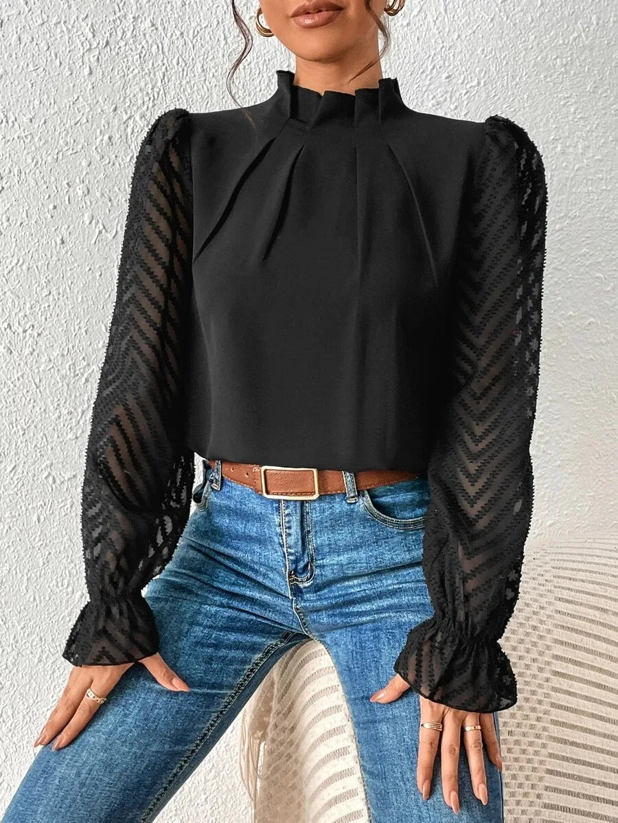 Womens Elegant High Collar Panel Wave Chiffon Long Sleeve Top