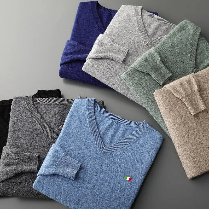 Mens Cashmere V Neck Knitted Pullover Sweater