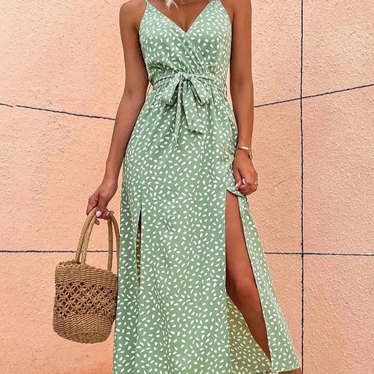 Womens Summer Floral Print Side Split Elegant V-Neck Sleeveless Dress