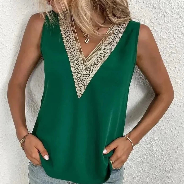 Womens Summer V-Neck Lace Sleeveless Solid Colour Casual Top