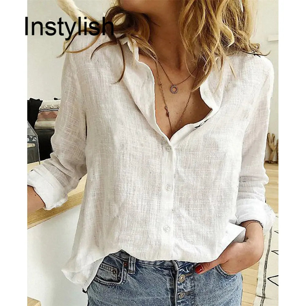 Womens Casual Long Sleeve Cotton Linen Loose Fit Oversized Shirt