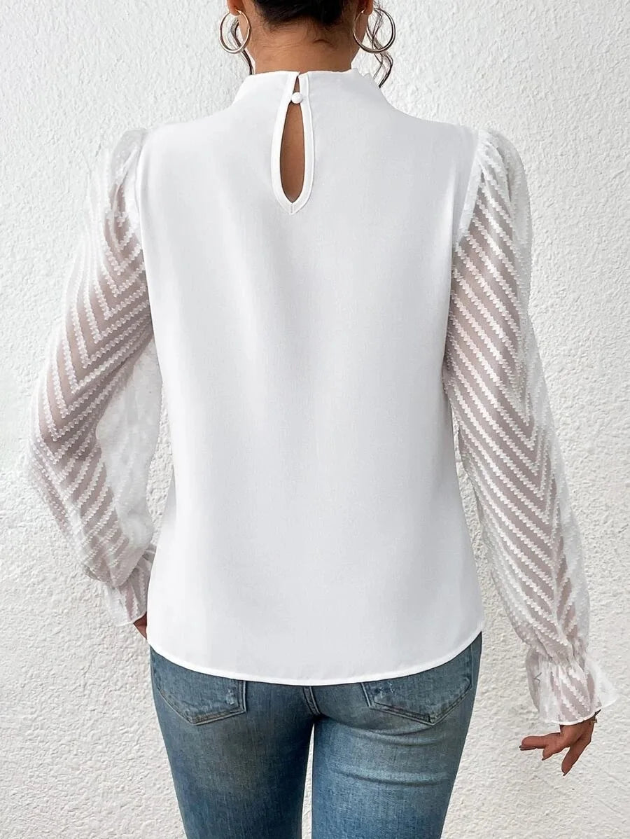 Womens Elegant High Collar Panel Wave Chiffon Long Sleeve Top