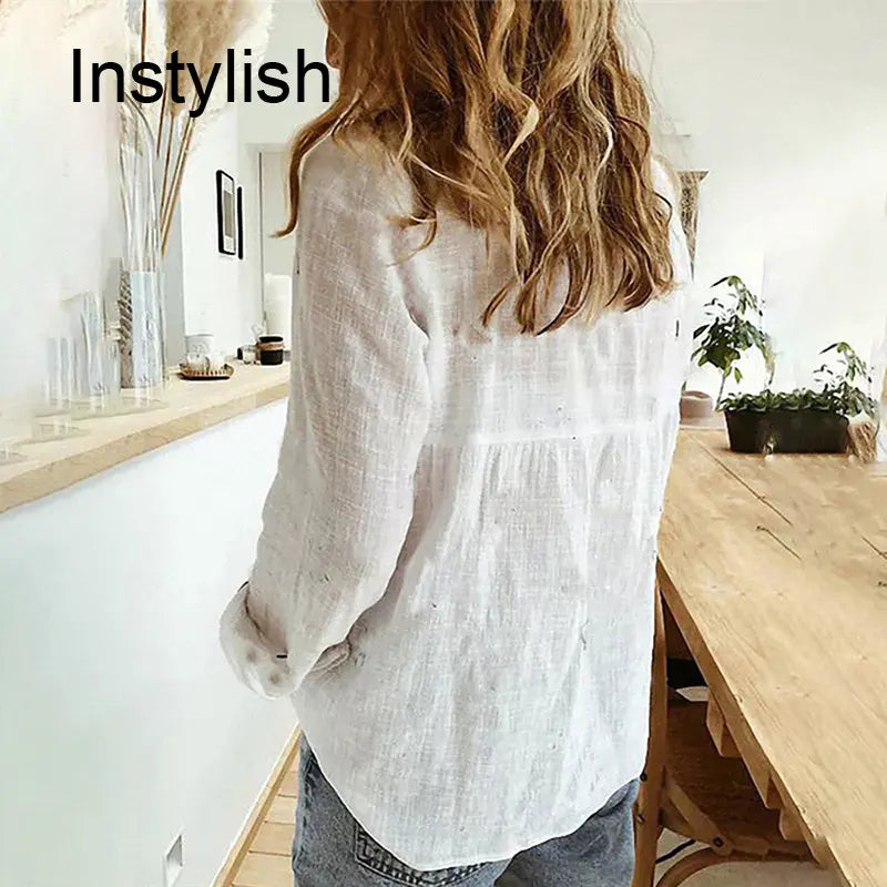 Womens Casual Long Sleeve Cotton Linen Loose Fit Oversized Shirt