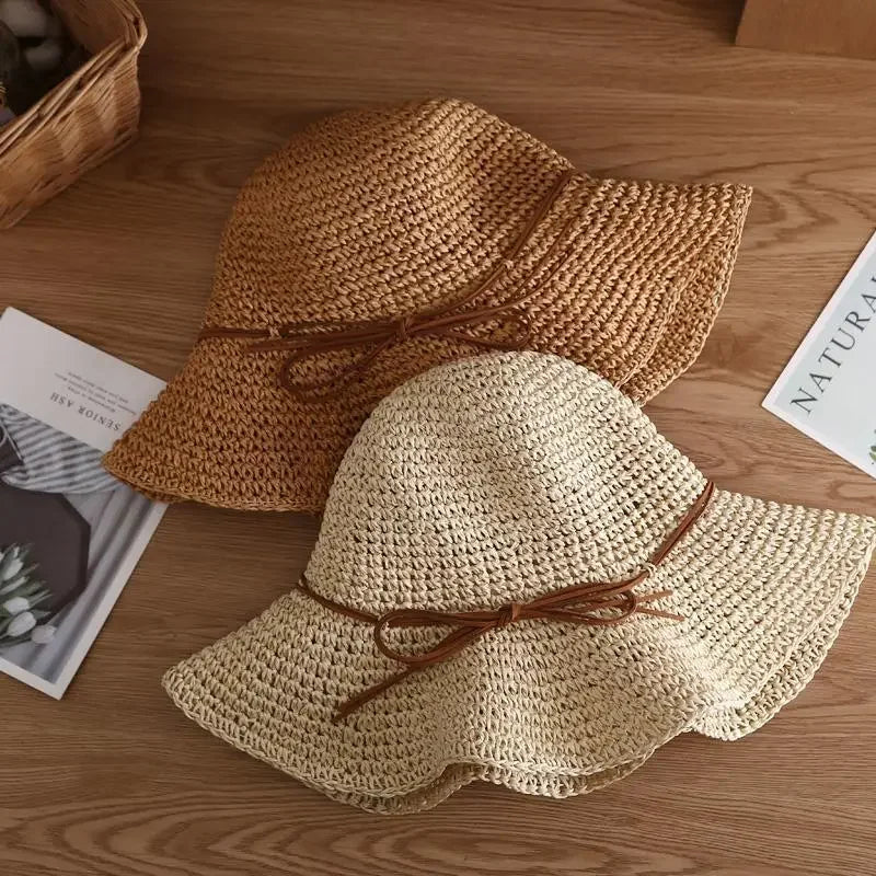 Womens Sunscreen Simple Straw Summer Hat With Folding Bow