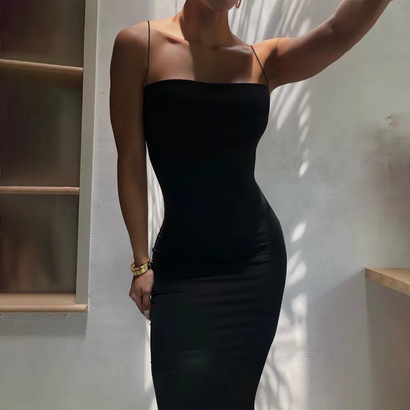 Womens Sexy Sleeveless Backless Solid Spaghetti Strap Bodycon Elegant Dress