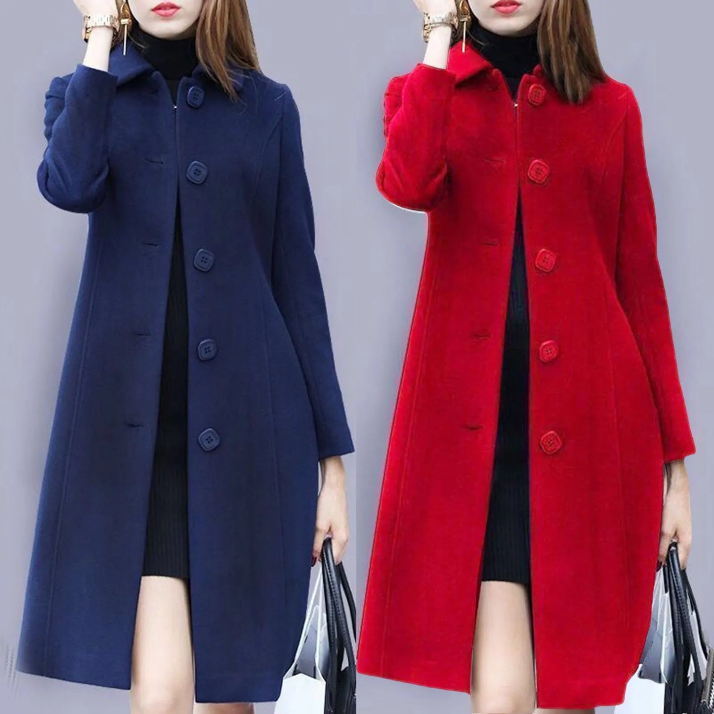 Womens Mid-Length Single-Breasted Solid Colour Turn-Down Collar Elegant Warm Winter Coat