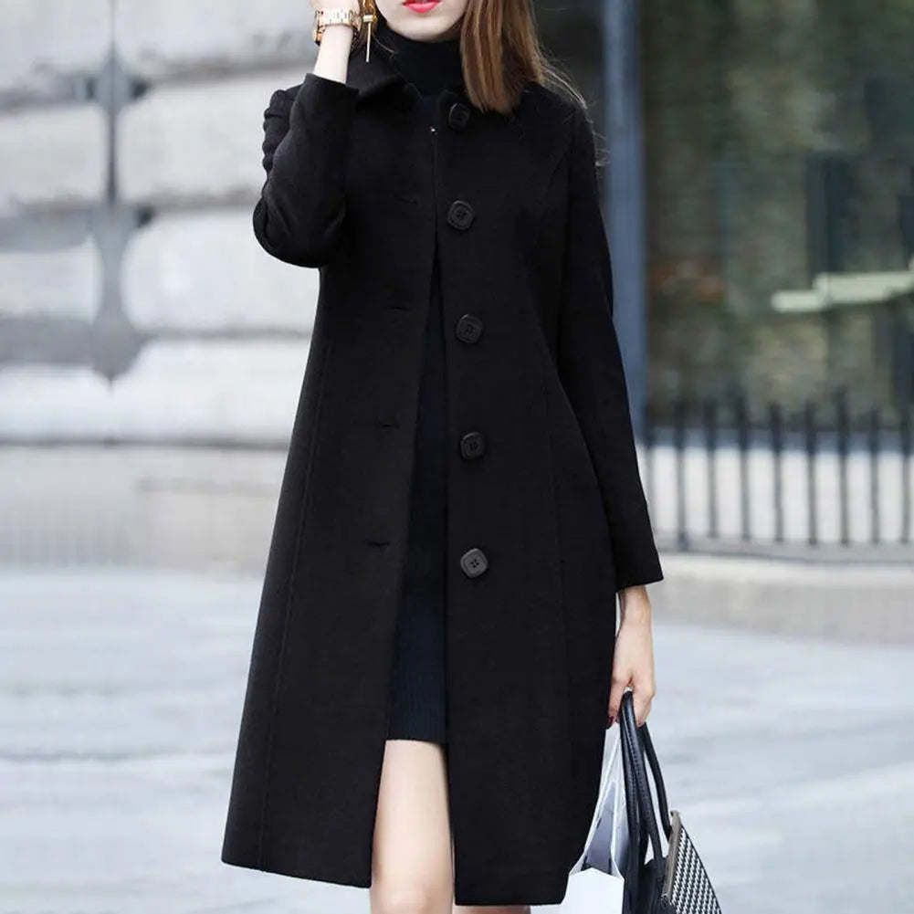 Womens Mid-Length Single-Breasted Solid Colour Turn-Down Collar Elegant Warm Winter Coat