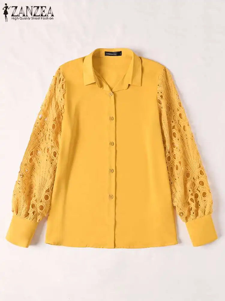 Womens Elegant Lapel Collar Hollow Out Summer Lace Long Sleeve Top