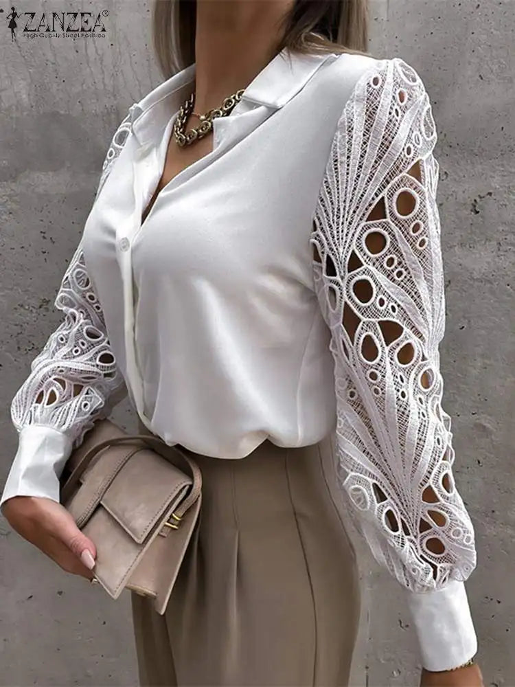 Womens Elegant Lapel Collar Hollow Out Summer Lace Long Sleeve Top