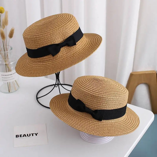 Unisex Summer Beach Bucket Cap Bowknot Straw Hat