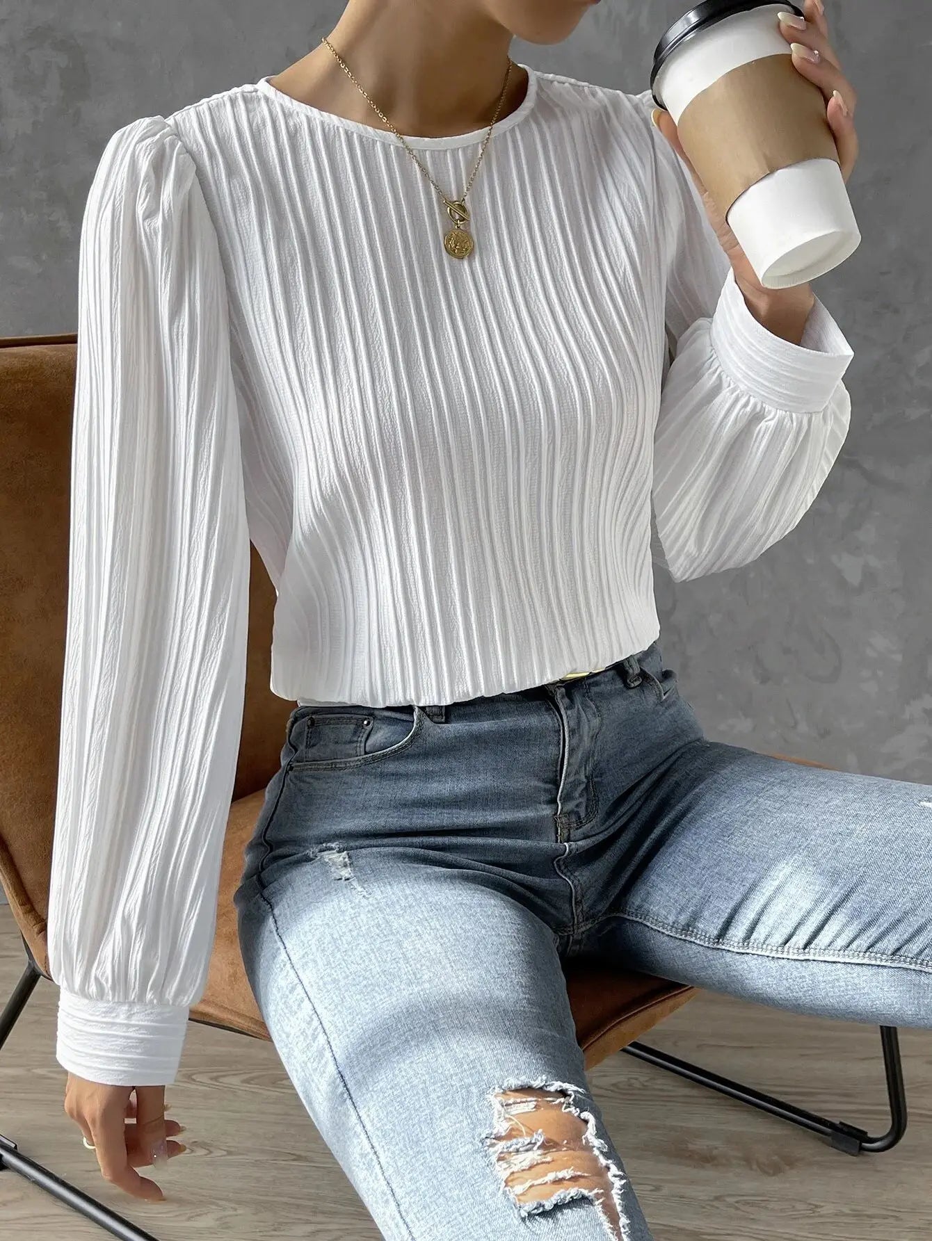 Womens Casual Solid Round Neck Long Sleeve Top