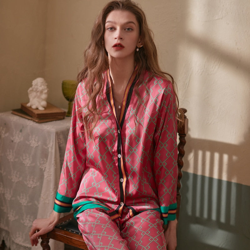 Womens Long Sleeved  Ice Silk Printed Fashion Pyjama Set