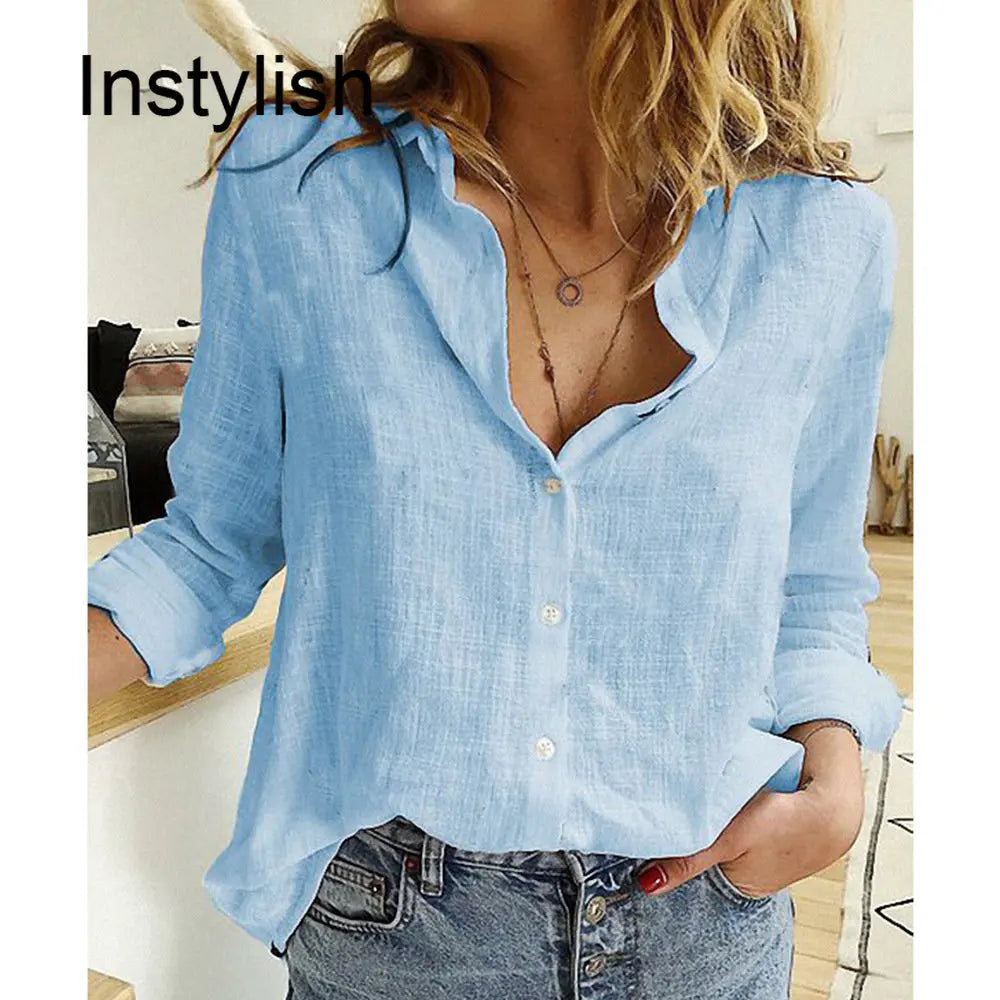 Womens Casual Long Sleeve Cotton Linen Loose Fit Oversized Shirt