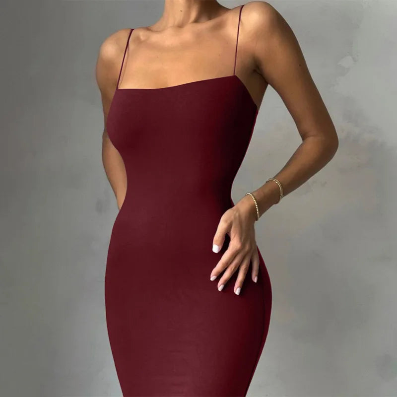 Womens Sexy Sleeveless Backless Solid Spaghetti Strap Bodycon Elegant Dress