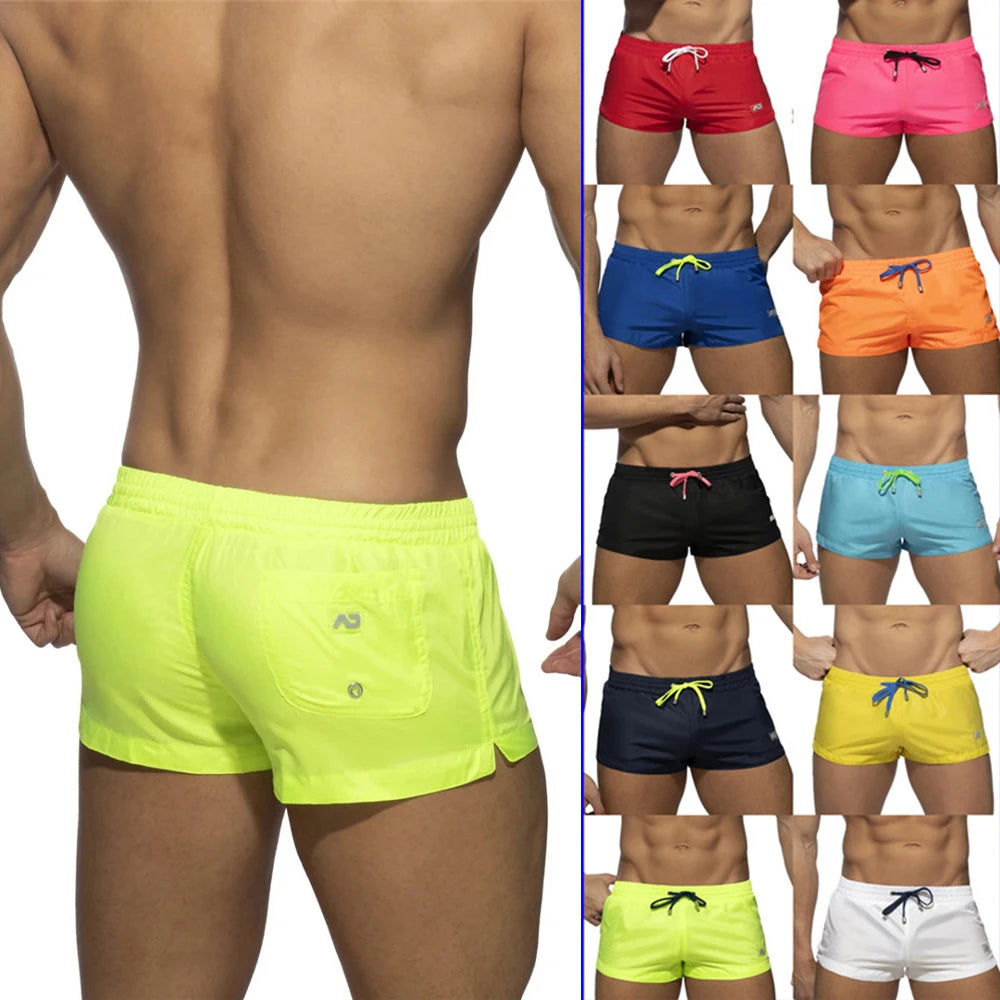 Mens Solid Colour Quick Drying Low Waist Beach Swimming Trunks