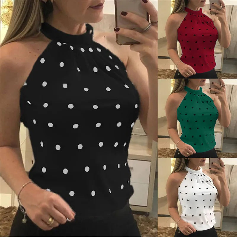 Womens Slim Fit Sleeveless Halter Neck Dot Print Top