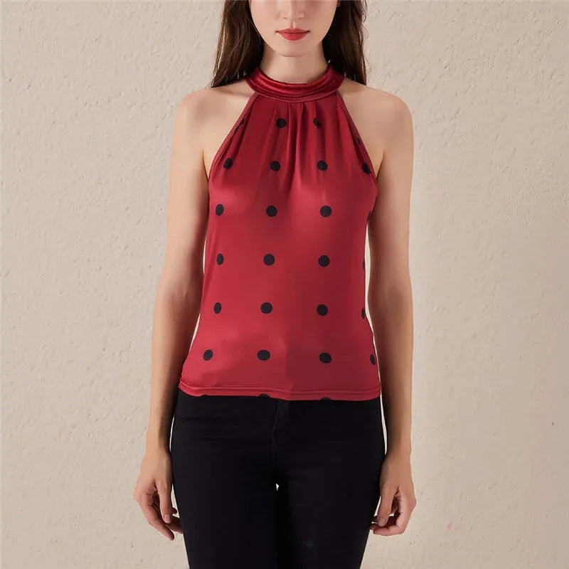 Womens Slim Fit Sleeveless Halter Neck Dot Print Top