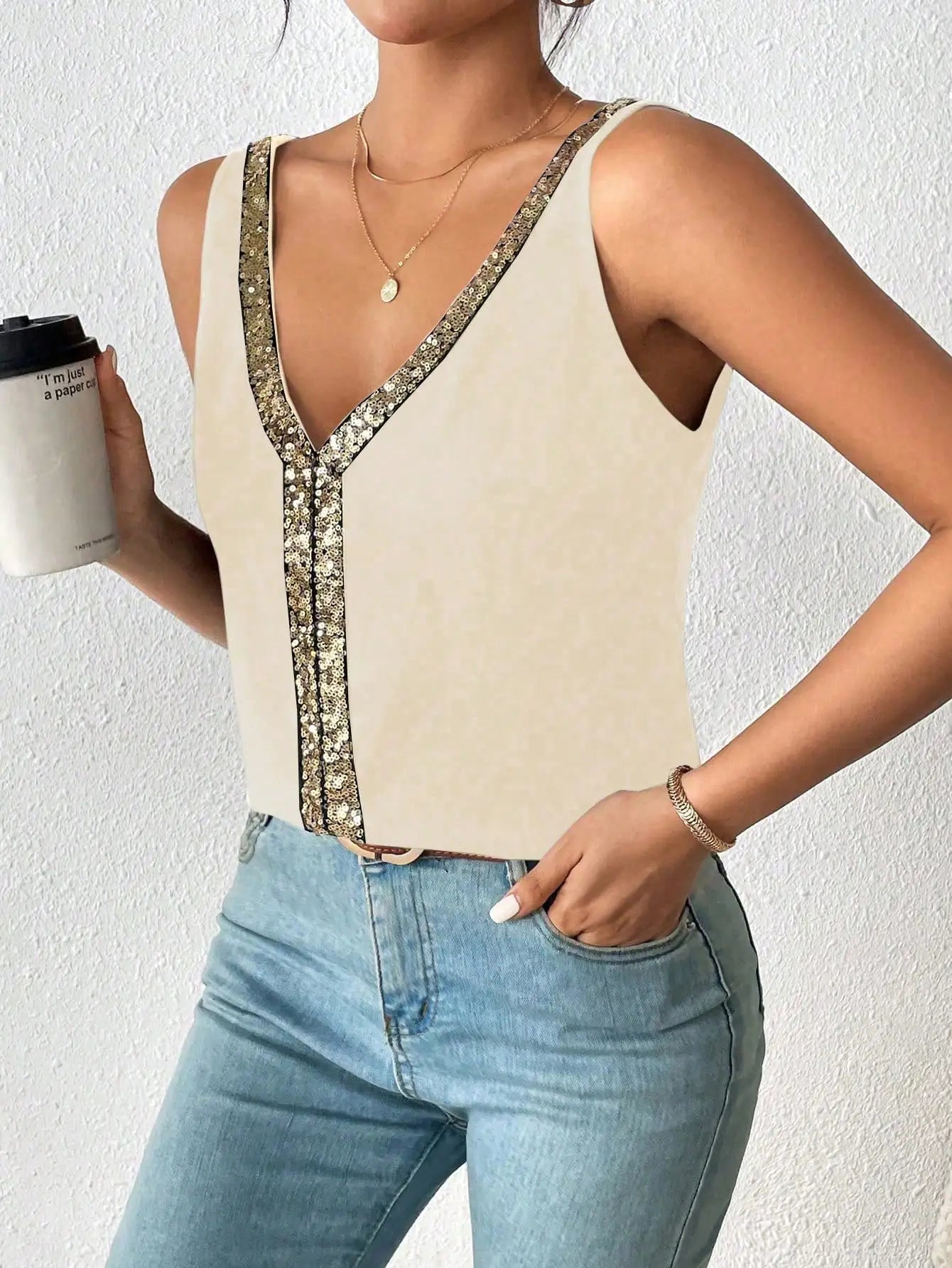 Womens V-Neck Loose Fit Sleeveless Top