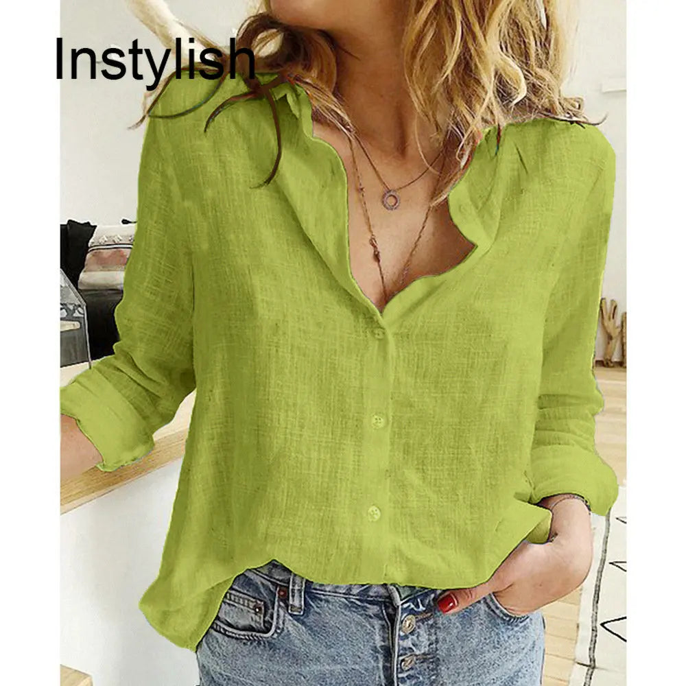 Womens Casual Long Sleeve Cotton Linen Loose Fit Oversized Shirt