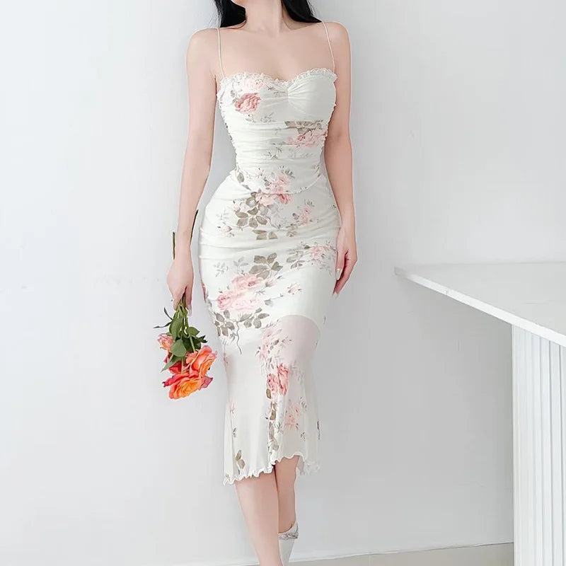 Womens Elegant Flower Print Suspender Backless Midi Dress