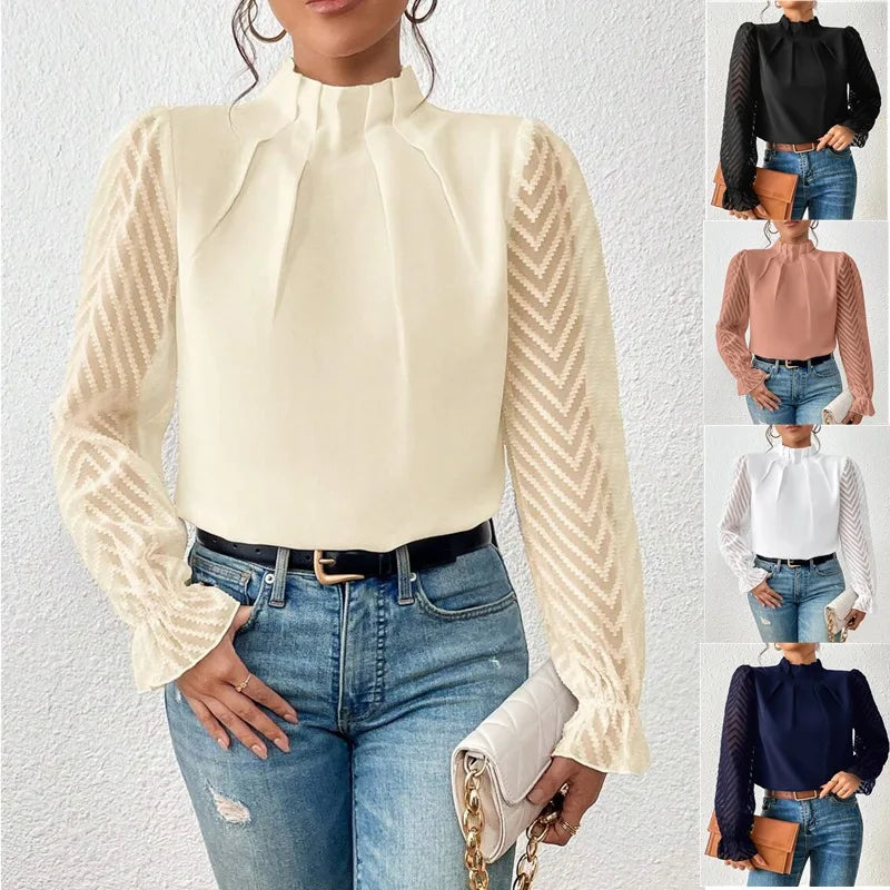 Womens Elegant High Collar Panel Wave Chiffon Long Sleeve Top