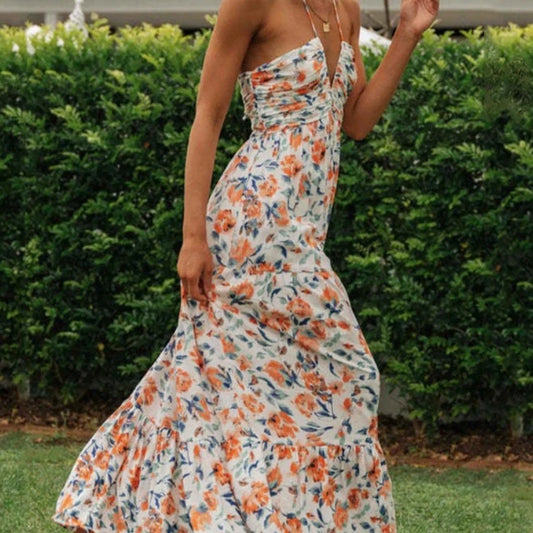 Womens Boho Chiffon Halter Neck Sleeveless Floral A Line Maxi Dress